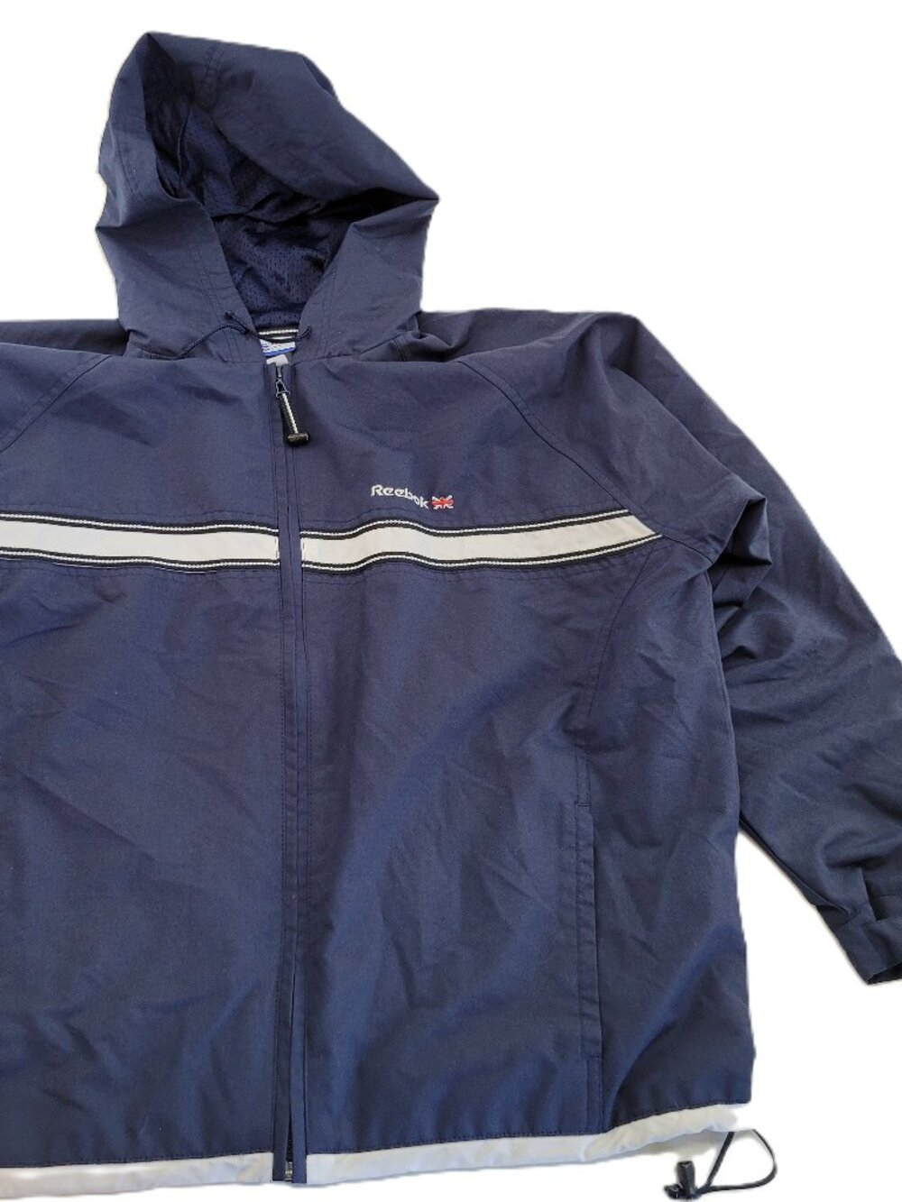 Vintage Reebok Track Jacket Men's L Blue Hooded Lined Classic British Flag Logo